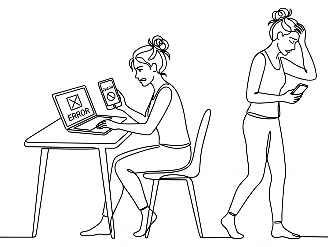 Dessin au trait : une femme s'énerve devant des messages d'erreur sur son ordinateur et son téléphone, puis s'éloigne, la main sur le front.